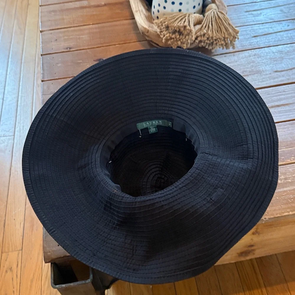 Lauren Ralph Lauren Wide Brim Sun Hat with Silk Ribbon and Silver Embossed Ring